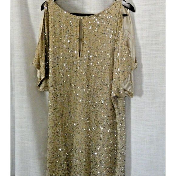 Aidan Mattox Dress Women 4 gold Beaded Sequin Mini Embellished Cold Shoulder - Picture 4 of 16